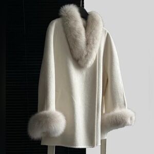 Elegant Cream Fur Women's Wool Coat